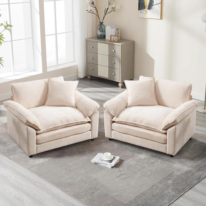 Oversized Chair Set of 2, Comfy Accent Chair Large Upholstered Armchair with Extra Thick and Deep Seat Lounge Sofa for Living Room,Bedroom,Apartment, Beige