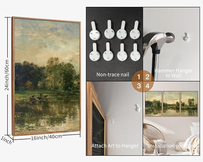Tinonedraw Vintage Landscape Framed Canvas Wall Art Set of 3, French Country Art Prints, Nature Green Trees and Lake Art Paintings, Rustic Aesthetic Wall Decor for Living Room Bedroom Office 16"x24"x3