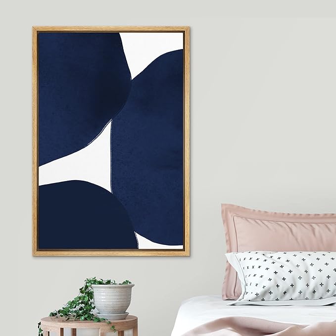 SIGNLEADER Framed Canvas Print Wall Art Geometric Pastel Navy Blue Vintage Circle Collage Abstract Shapes Illustrations Modern Art Decorative Minimal for Living Room, Bedroom, Office - 16"x24" NATURAL