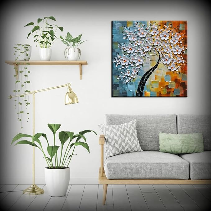 YaSheng Art - hand-painted Oil Painting On Canvas white Flowers Paintings Modern Home Interior Decor Wall Art for living room Abstract Art picture Ready to hang 30x30inch