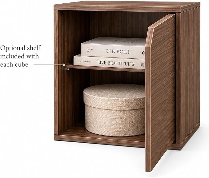 Modular Storage Cube with Door, 11.8" x 11.8" [30 x 30 x 30cm] Multipurpose Wooden Bookshelf and Closet Organizer, Stackable Shelving Unit with Optional Removable Interior Shelf (3, Woodgrain)