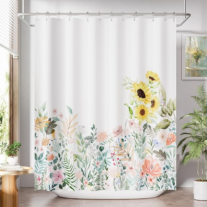 AmazerBath Floral Shower Curtain, Cloth Fall Flower Shower Curtains for Bathroom Decor, Rustic Washable Sunflower Eucalyptus and Leaves Fabric Shower Curtain Sets with 12 Metal Hooks, 72x72 Inches