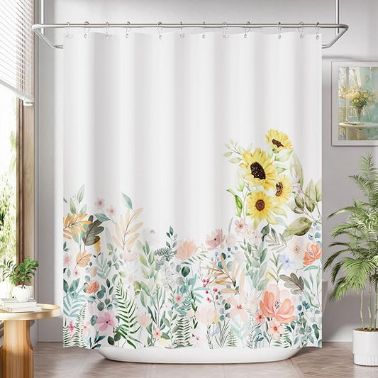 AmazerBath Floral Shower Curtain, Cloth Fall Flower Shower Curtains for Bathroom Decor, Rustic Washable Sunflower Eucalyptus and Leaves Fabric Shower Curtain Sets with 12 Metal Hooks, 72x72 Inches
