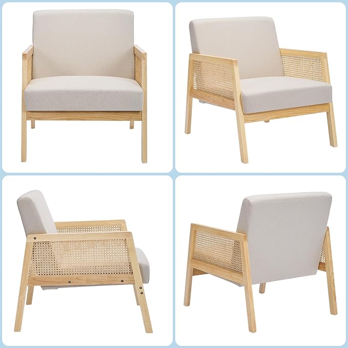 Mid Century Modern Accent Chair, Comfy Living Room Chairs with Sturdy Wood Legs, Rattan Backrest & Beige Thick Linen Cushion, Armchair for Bedroom Balcony Apartment (Beige-A) 2 PCS
