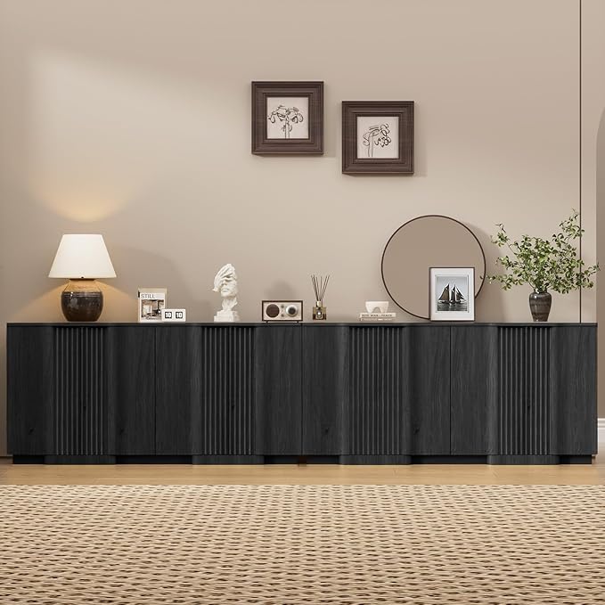 Yechen Buffet Cabinet with Storage, 118" Accent Sideboard Modern Credenza with Doors & Adjustable Shelves Fluted Media Console Wood Coffee Bar Table for Living Kitchen Dining Room Black（8 Doors）
