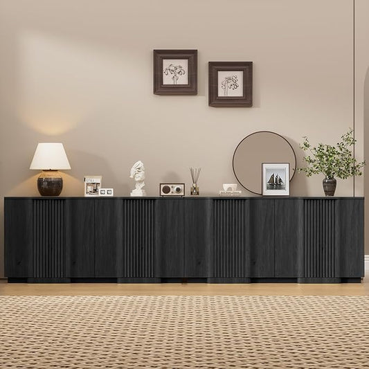 Yechen Buffet Cabinet with Storage, 118" Accent Sideboard Modern Credenza with Doors & Adjustable Shelves Fluted Media Console Wood Coffee Bar Table for Living Kitchen Dining Room Black（8 Doors）