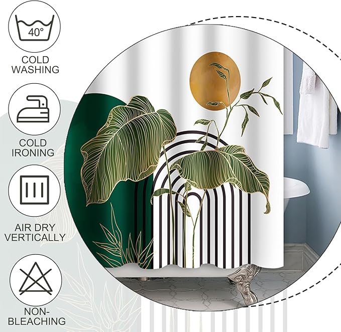 Baocicco Boho Shower Curtain Green Gold Leaves Plants Sun Modern Abstract Geometric Shower Curtains Decorative for Bathroom Waterproof Fabric Shower Curtain with Hooks 72x78 Inches