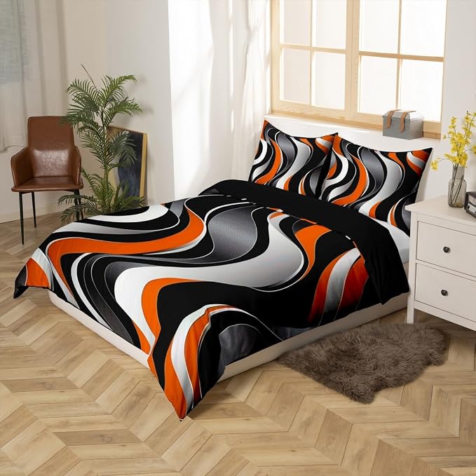 Erosebridal Geometric Wavy Lines Duvet Cover Twin for Kids Boys Girls,Minimalist Abstract Art Comforter Cover,Modern Aesthetic Bedding Set,Orange Grey Black Bed Set with 1 Pillowcase Bedroom Decor