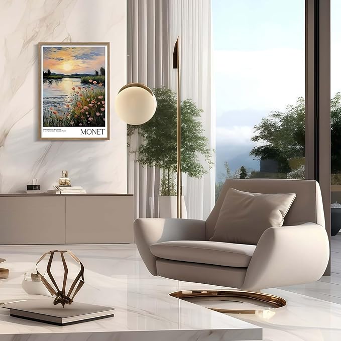 Framed Canvas Monet Gallery Style Wall Art Print Sunset Landscape Poster Impressionist Floral Picture Decor Living Room Bedroom Office Apartment Farmhouse 16X24 Inch Ready to Hang