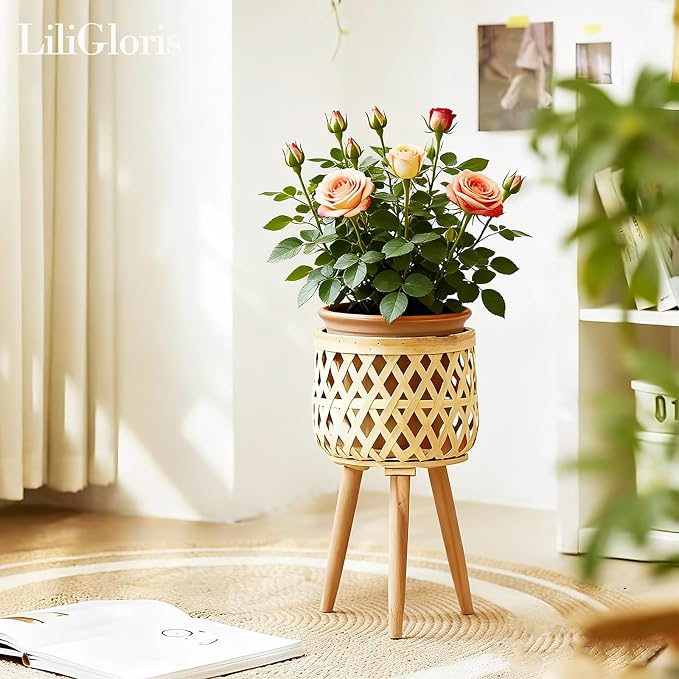 Boho Rattan Plant Stand – Handwoven Elevated Wicker Plant Baskets for Indoor Plants, Mid-Century Modern Wooden Planter Holder with Tripod Legs, Farmhouse Home Decor（small）