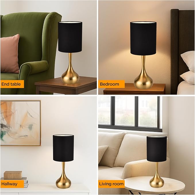 KUNJOULAM Modern Table Lamp, 17.3" Small Desk Light with Brass Metal Droplet Base, Black Cylinder Linen Drum Shade, Nightstand Lamp for Bedroom Living Room Nightstand Office