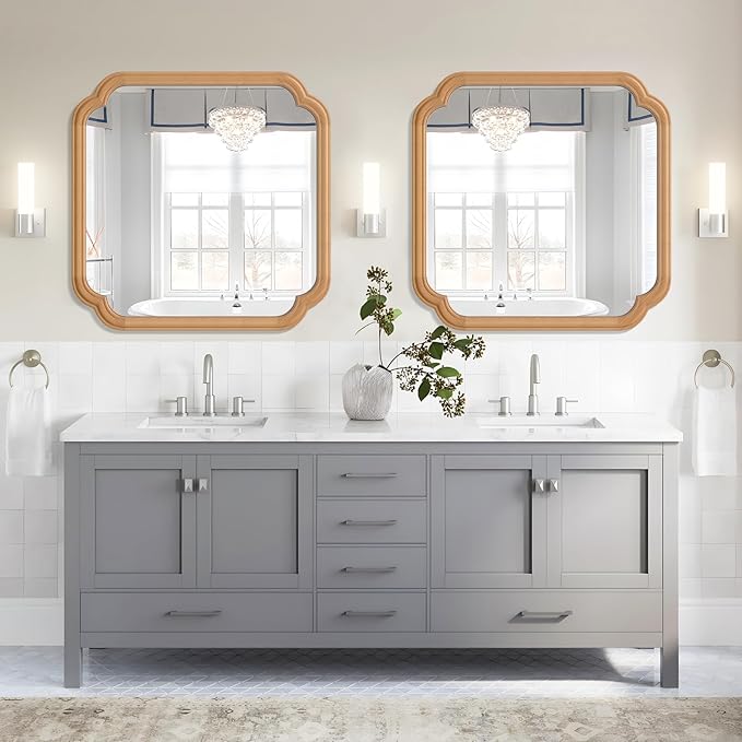 Ferytane Square Natural Wood Mirror 24X24 Inch,Wood Mirror for Bathroom Over Sink Rounded Corner Wooden Framed Mirror for Vanity, Entryway, Living Room Farmhouse, Tempered Glass (Natural Beech Wood)
