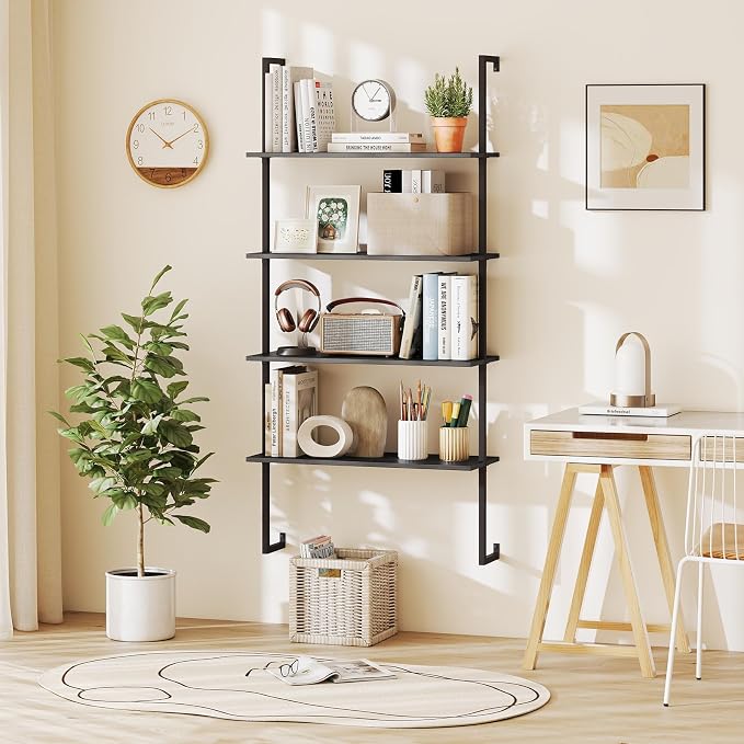 Tangkula 4-Tier Wall-Mounted Bookshelf, Industrial Modern Floating Storage Display Shelves with Metal Frame, Wall-Mounted Ladder Wooden Bookcase for Living Room, Kitchen, Bar, Office (1, Black)