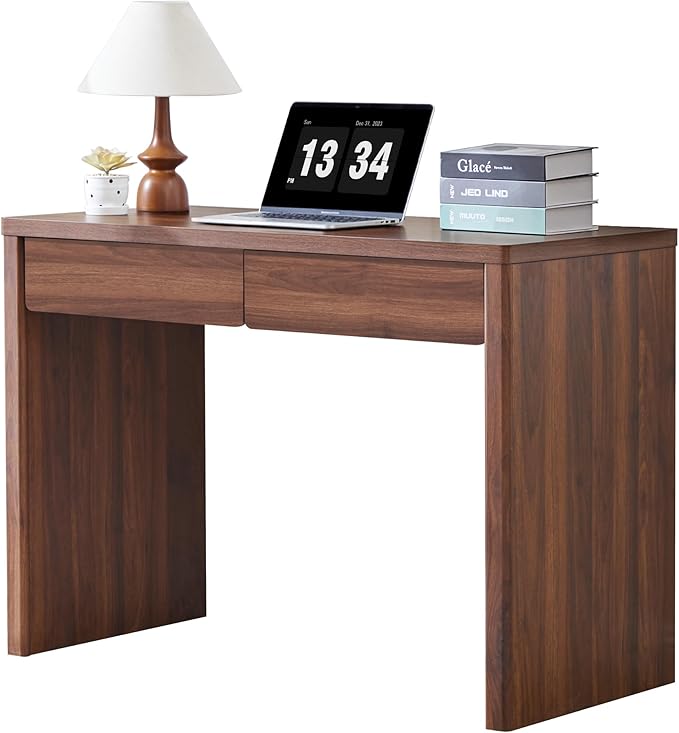 43 Inch Small Computer Desk with 2 Drawers, Mid Century Modern Writing Study Table for Home Office, Vintage PC Work Desk with Storage for Bedroom Small Spaces, Easy Assembly, MDF - Walnut