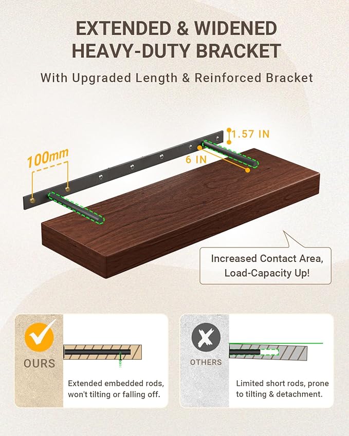 Walnut Floating Shelves for Wall Mounted, 2 Inch Thick Wooden Floating Shelves, 8 Inch Deep Shelves Over Toilet, 36"x8" Wall Shelves for Kitchen Living Room Bathroom, 50LBS Capacity, Set of 2