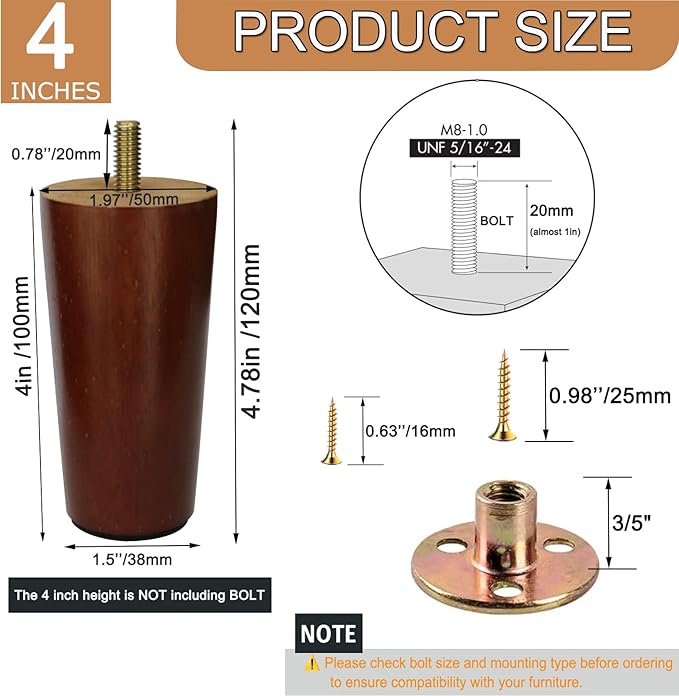 4 Inches Round Solid Wood Furniture Legs Set of 4, Brown Wooden Replacement Feet with Threaded 5/16'' Hanger Bolts for Sofa, Couch, Armchair, Cabinet, TV Stand, Ottoman and Dresser