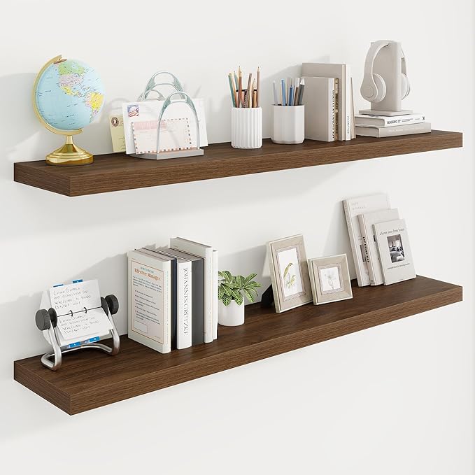 48in Floating Shelves for Wall, 48"W x 9.25"D x 1.25"H, 2 Pack Long Wall Mounted Engineered Wood Shelves with Invisible Brackets for Living Room, Bedroom, Bathroom, Kitchen Decor and Storage, Walnut