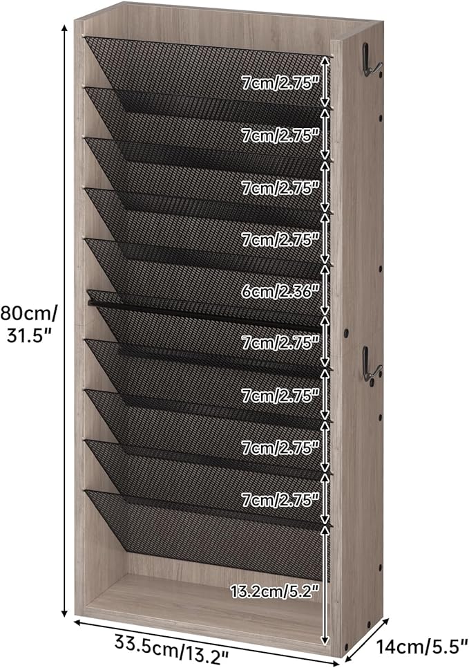 Creso hom Mail Organizer Wall Mounted, 11-Tier Hanging File Organizer with 4 Hooks, Wall File Holder for Papers, Folders, Documents, Bills, Magazines, Letters, Office&School Organization, Greige