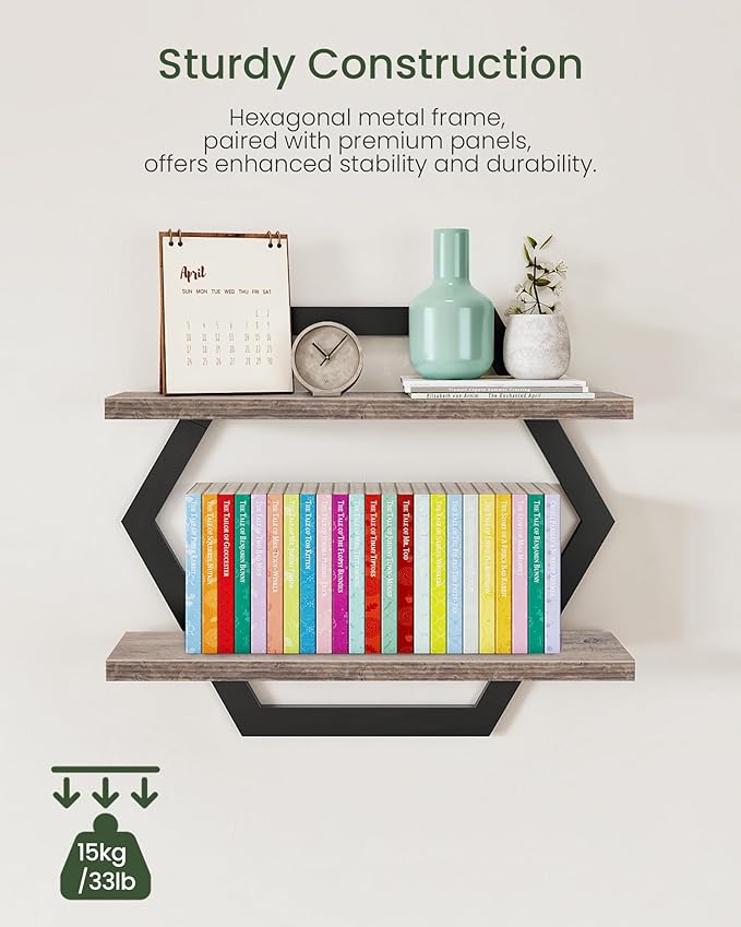 CHOEZON Hexagon Floating Shelves for Wall, Set of 2, 2 -Tier Hanging Shelves, Wall Mounted Storage Shelves, for Living Room, Bedroom, Kitchen, Home Office, Study, Greige TBJ06P2BG