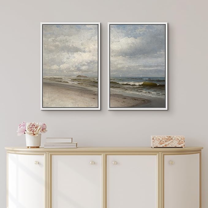 IDEA4WALL Framed Canvas Print Wall Art Set Coastal Beach Scene Classic Ocean View Illustrations Modern Art Decorative Coastal Cottage Seascape for Bedroom - 24"x36"x2 WHITE