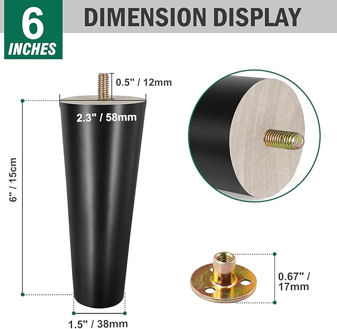 FoDau770 Black Rubber Wood Furniture Legs 6 Inches, Straight Tapered Wood Feet Mid Century Sofa Legs Set of 8, 5/16" UNC Furniture Feet for Cabinet Couch Dresser Chair Ottoman Table