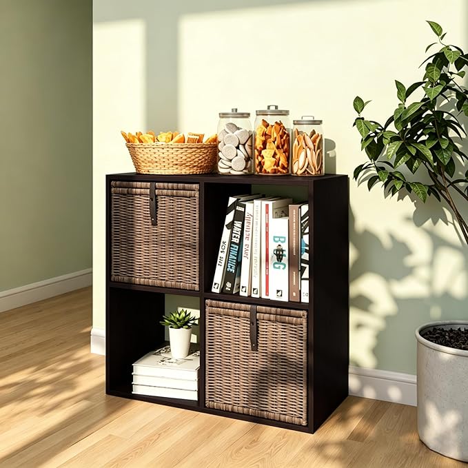 4 Cube Shelf with Anti-Tipping Kits + Reversible Open Back Bookcase, Multi Layer and Multi Grid Partition Layout (Chocolate 11in)