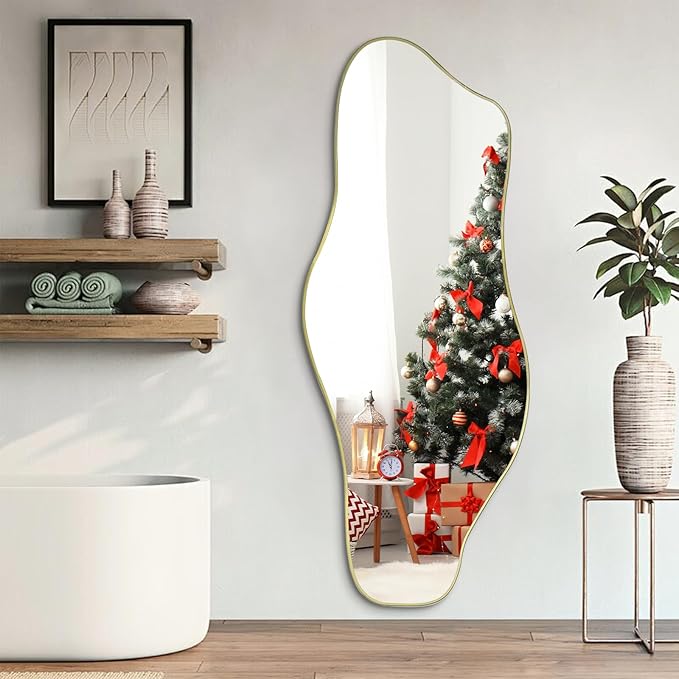 Large Irregular Mirror, 60"x24" Asymmetrical Tempered Glass Mirror Decorative, Gold Abstract Wall Mirrors for Dressing, Modern Frameless Mirrors for Living Room Bathroom Bedroom Hallway Entryway