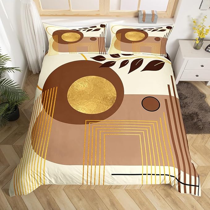 Erosebridal Mid Century Modern Duvet Cover King Size Brown Abstract Boho Comforter Cover Minimalist Aesthetic Neutral Bedding Set Botanical Leaves Simple Bed Set