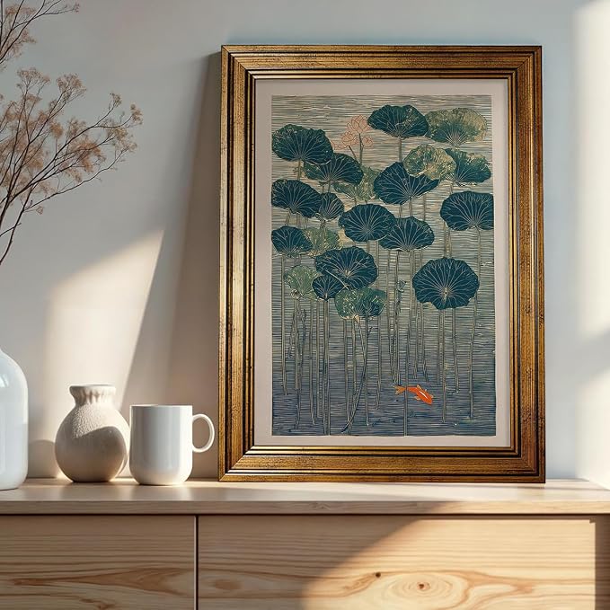 Gold Framed Lotus And Koi Canvas Poster Japanese Floral Botanical Pond Wall Art Retro Oriental Asian Prints Decor for Bedroom Zen Meditation Room Home 16x24 inch
