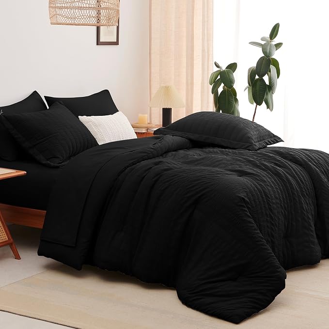 CozyLux Twin Comforter Set with Sheets 5 Pieces, Black Seersucker Luxury Textured Bed in a Bag, All Season Soft Bedding Sets with Down Alternative Comforter, Sheets, Pillowcase & Sham, Home Gift