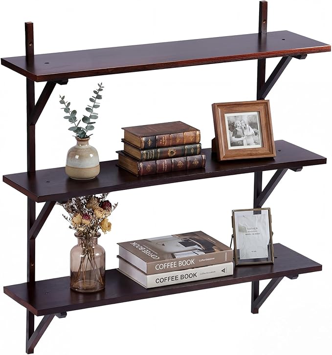Pinkunn 3 Tier Mid Century Wall Shelves, 24.8 Inch High Walnut Storage Shelf Mid Century Wall Decor Rustic Transitional Mount Shelves for Living Room Bathroom Bedroom Display