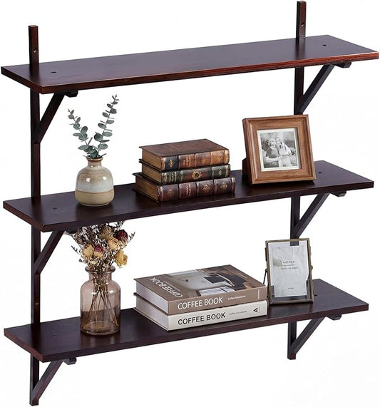 Pinkunn 3 Tier Mid Century Wall Shelves, 24.8 Inch High Walnut Storage Shelf Mid Century Wall Decor Rustic Transitional Mount Shelves for Living Room Bathroom Bedroom Display