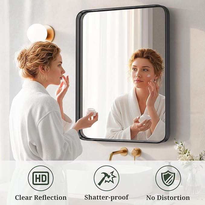 Bathroom Mirror 36x24 Inch Black Metal Frame Rectangle Vanity Mirror with Rounded Corners, Modern Wall Mounted Anti-Rust Mirror for Farmhouse, Restroom, Entryway, Horizontal or Vertical Hanging
