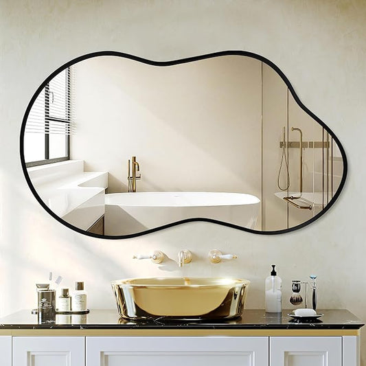 Bathroom Mirror - Black Irregular Wall Mirrors Decorative 26"x46" Asymmetrical Tempered Glass Aviation Aluminum Alloy Frame for Vanity, Bedroom, Living Room, Cloakroom, Entryway