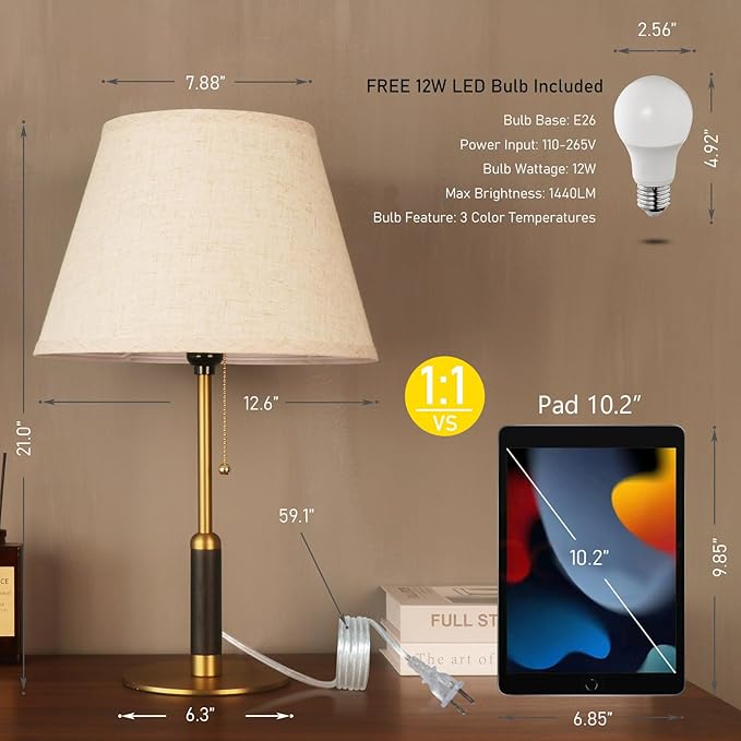 21" Modern Bedside Lamp Mid Century Table Lamp, Pull Chain Nightstand Lamp for Bedroom Living Room 3-Color Light, Solid Wood/Metal/Fabric for Home/Office/Desk Decor (Light Brown+Brass)
