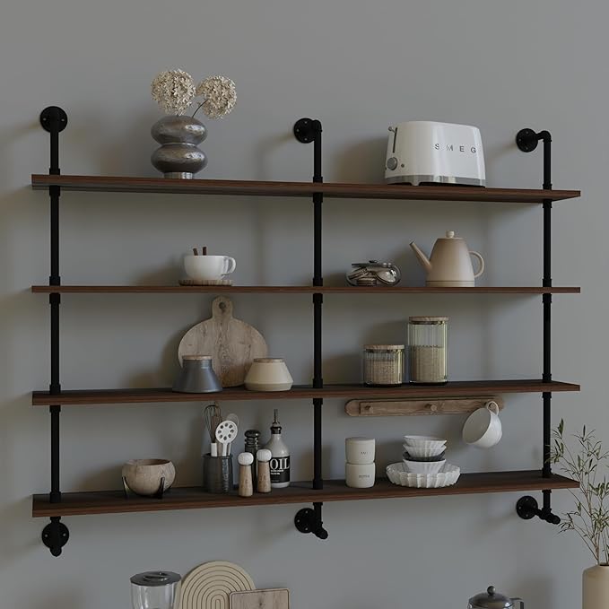Industrial Pipe Wall Shelves Pipe Shelving with Real Wood Plank ,60 Inches Floating Shelves for Wall Farmhouse Pipe Book Shelves Dark Brown 4 Tier for Kitchen,Living Room Decor and Bar Shelving