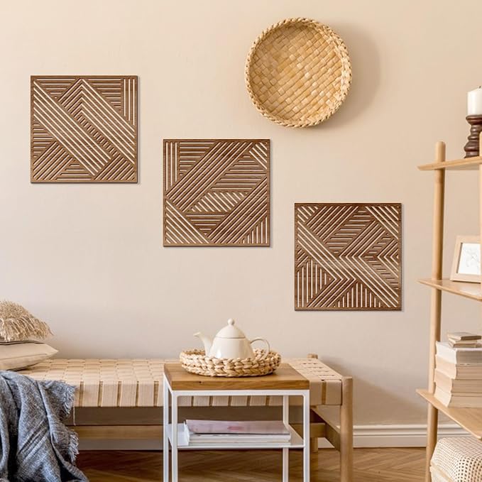 Bnesi 3 Piece Abstract Geometric Wood Wall Art Decor Modern Boho Minimalist Slatted Design Wall Sculpture Art Decor for Living Room Bedroom Home Bathroom (Exquisite, Medium)