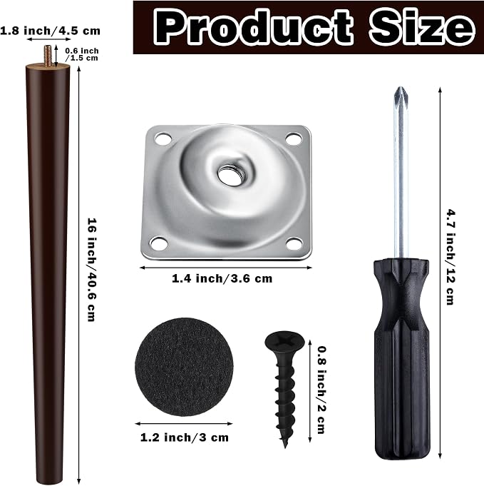 TURSTIN 8 Pieces 16 Inches Table Legs Wood Furniture Legs Tapered Round Replacement Desk Chair Legs Mid Century Furniture Legs for Coffee Table Dresser Night Stand (Brown)