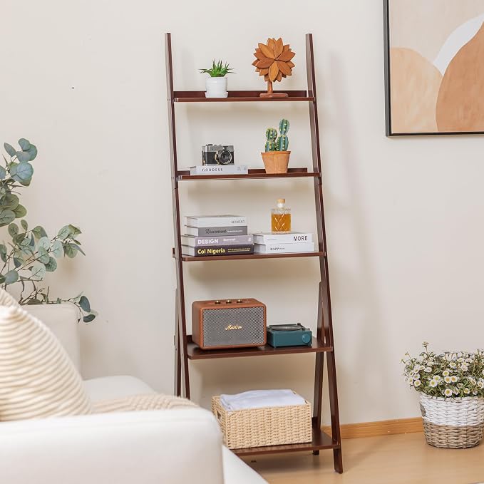 DOUSY-5-Tier Ladder Shelf Bookcase, Bamboo Ladder Bookshelf Leaning Book Shelf, Freestanding Storage Shelf Boho for Living Room, Home Office, Bedroom, Balcony, Dark Walnut