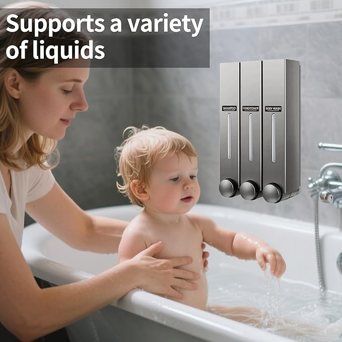 Shower Shampoo Dispenser 3 Chamber-Wall-Mounted Soap Dispenser for Bathroom,No-Drill Installation,42.6 oz Capacity,Shampoo Conditioner Body Wash Dispenser,Wall Mount Soap Dispenser for Shower