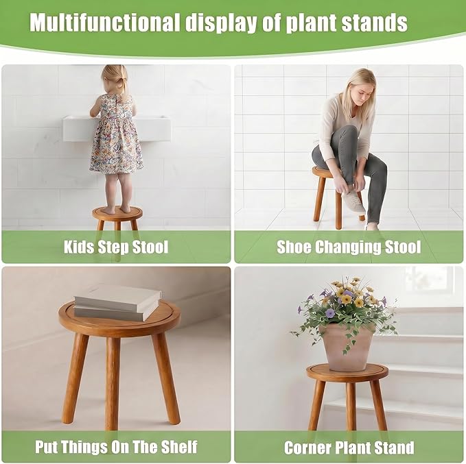 Wood Plant Stands Indoor, Teak Plant Stand Modern Plant Table for Large Plants, Wooden Plant Stool, Tall Plant Holder Small Round Side for Living Room, Balcony, Office (1 Pack)