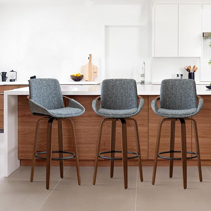 LUNLING 25.6" Counter Height Barstools Set of 3 Mid Century Modern Retro Bar Chairs Charcoal Gray Linen Look Fabric Upholstered and Walnut Wood Frame for Home Bar Furniture,Gray