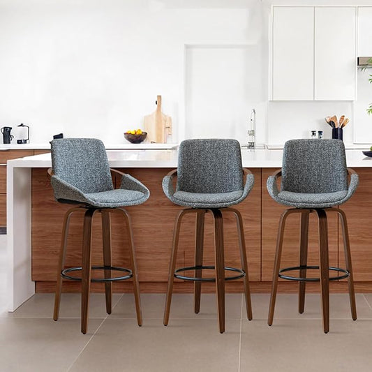 LUNLING 25.6" Counter Height Barstools Set of 3 Mid Century Modern Retro Bar Chairs Charcoal Gray Linen Look Fabric Upholstered and Walnut Wood Frame for Home Bar Furniture,Gray