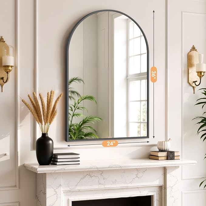 Bathroom Mirror for Wall, 36x24 Inch Arched Mirror, Matte Black Metal Framed Bathroom Vanity Mirrors for Restroom Farmhouse, Anti-Rust, Tempered Glass, Hanging or Leaning