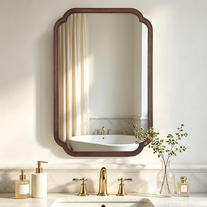 HOMECOOKIN Wood Bathroom Mirror for Wall Decor Arched Rounded Corner Rustic Wood Frame Wall Mirror Home Decorative for Vanity, Living Room, Bedroom, Entryway (24 x 36 inch, Walnut)