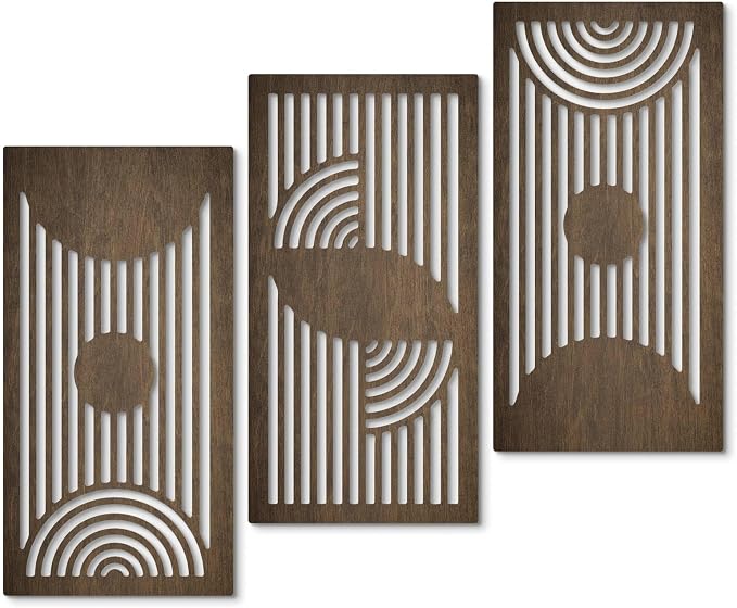 Putuo Decor Geometric Wood Wall Art Set of 3 Modern Mid-Century Modern Aesthetic Wall Decor Modern Wooden Wall Sculptures for Living Room Office Hallway Brown Line Art Decor