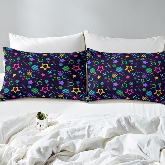 Memphis Duvet Cover Set Twin Size, Colorful Geometric Vintage Style Comforter Cover with 1 Pillowcase, 80s 90s Fashion Style Bedding Set for Kids Boys Girls Lightweight Bedspread Cover,No Comforter