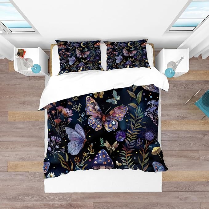 3PCS Celestial Witch Garden Duvet Cover Twin Size Dark Floral Butterfly Comforter Covers,Boho Aesthetic Celestial Witchy Mystic Gothic Wildflower Plant Botanical Black Bedding Sets 68"x88"