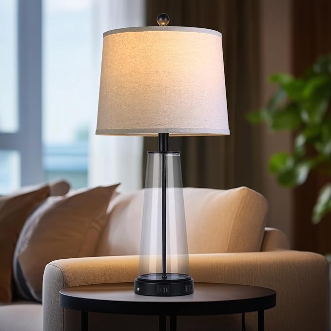 26" Glass Table Lamp Set of 2 with USB C+A Ports and AC Outlet, 3 Way Touch Modern Bedside Lamps for Night Stands, Black Nightstand Lamps for Bedroom Living Room