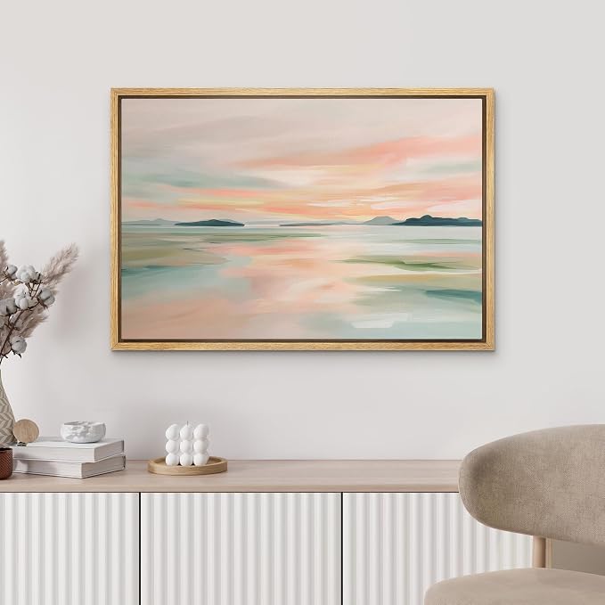 MUDECOR Framed Canvas Print Wall Art Pastel Coastal Landscape with Distant Islands Illustrations Minimalism Decorative Bohemian Zen for Living Room, Bedroom, Office - 24"x36" NATURAL
